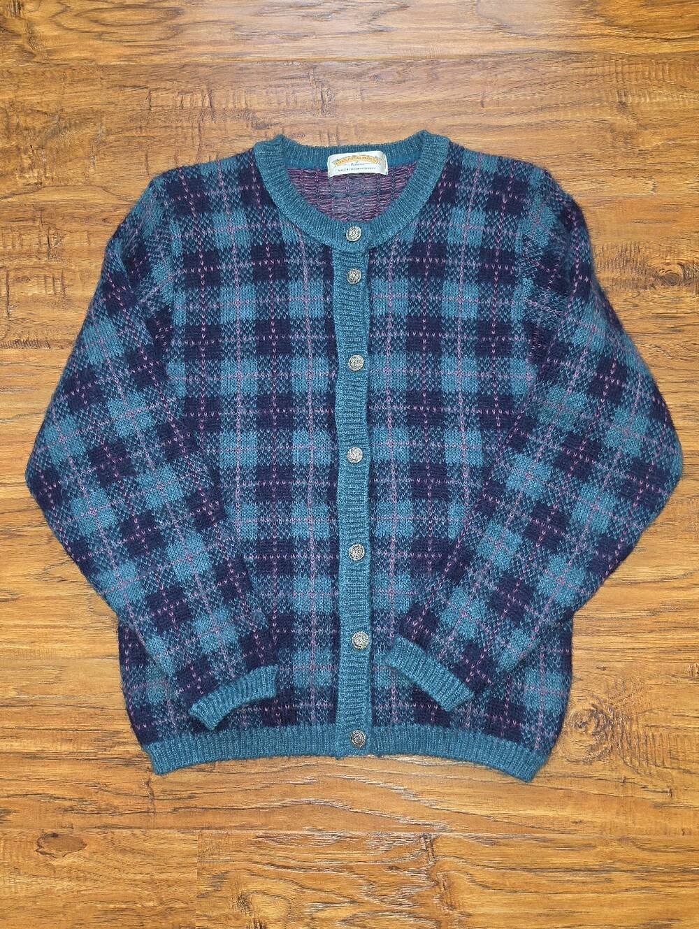 James Pringle Weavers 40% Mohair Plaid Crewneck Button-Up Sweater - Green & Red